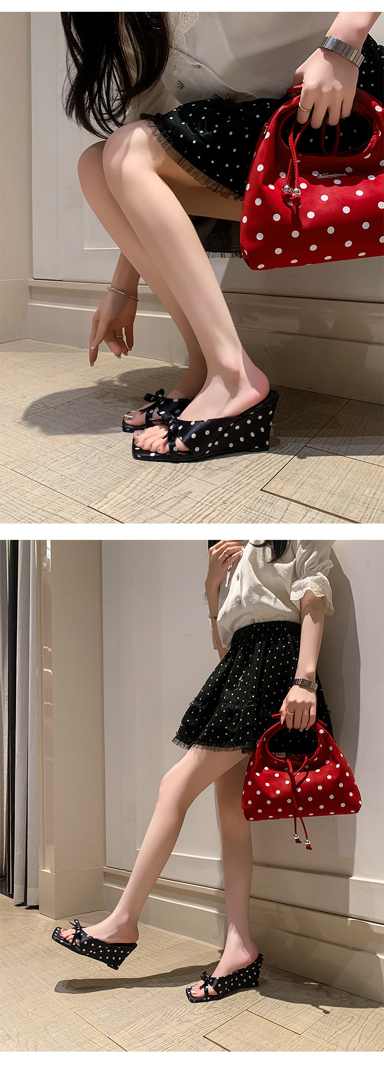 Sandal cao gót nữ hở mũi mũi vuông phong cách Pháp, quai ngang nơ bướm, đế xuồng chấm bi — màu đen, màu trắng chi tiết 15