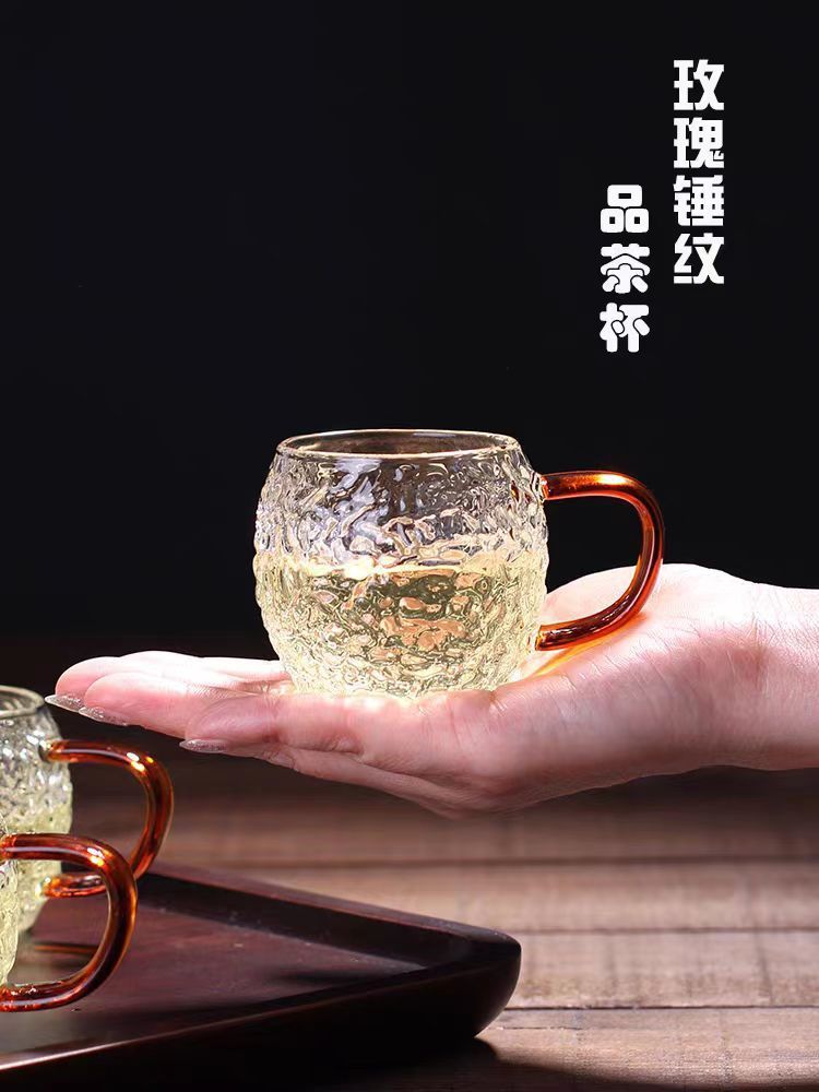 日式耐热锤纹玻璃小茶杯耐高温防爆高硼硅玻璃品茗杯带把功夫茶杯
