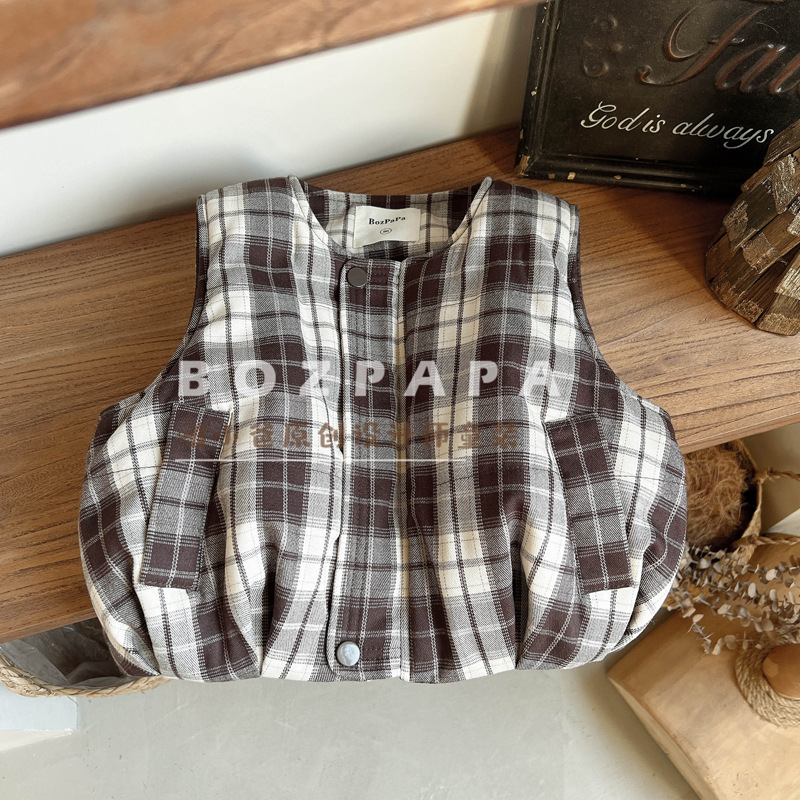 2025 Winter New Style Boys' Korean Retro Sleeveless Comfortable Cotton-padded Vest with Plaid Lining for Children and Babies