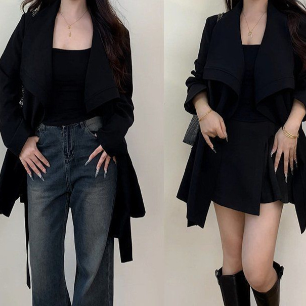 Korean New Style Large Lapel Windbreaker Jacket for Women Spring and Autumn New Style Temperament Waist Strap Mid-Length Top