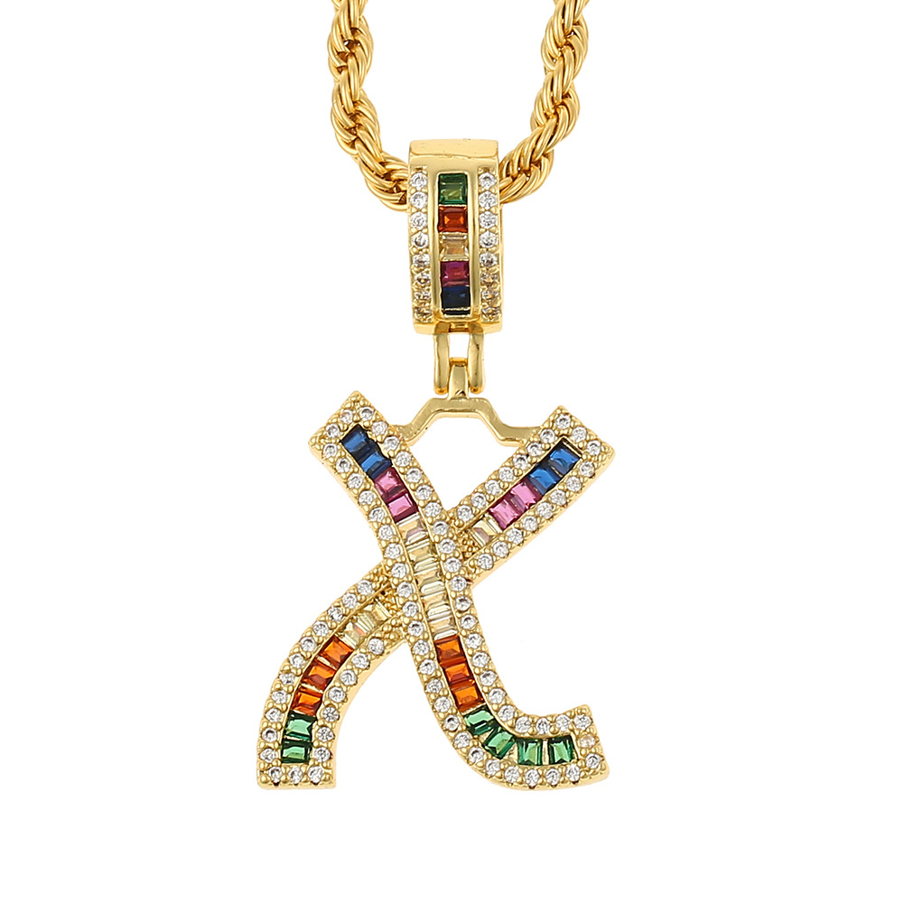 Hip Hop Color Zircon 26 English Letter Copper Necklace