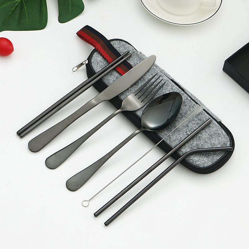 Amazon transfronterizo conveniente vajilla de acero inoxidable 7 piezas conjunto 1010 cuchillo, tenedor, cuchara, palillos, traje de viaje al aire libre de paja