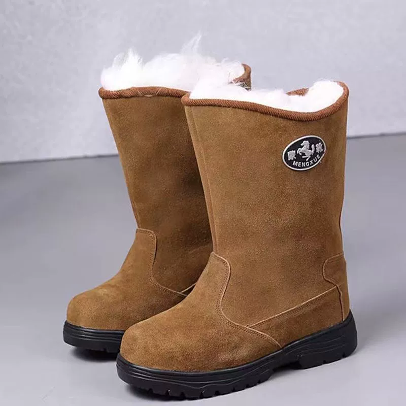 Ботинки нескользящие уличные из шерсти, ультратолстая шерсть, мягкая подошва, теплые ботинки, очень толстые зимние из коровьей кожи с флисовой подкладкой, цельные высокие.