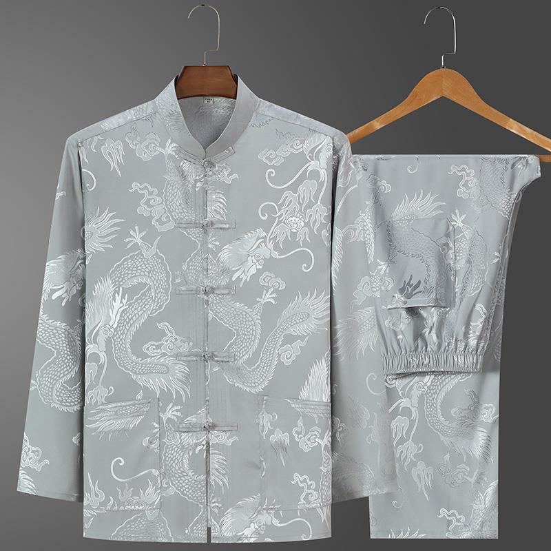 Ice silk spring and autumn Tang suit men's middle-aged and elderly long-sleeved shirt suit casual grandfather summer Chinese style father Hanfu