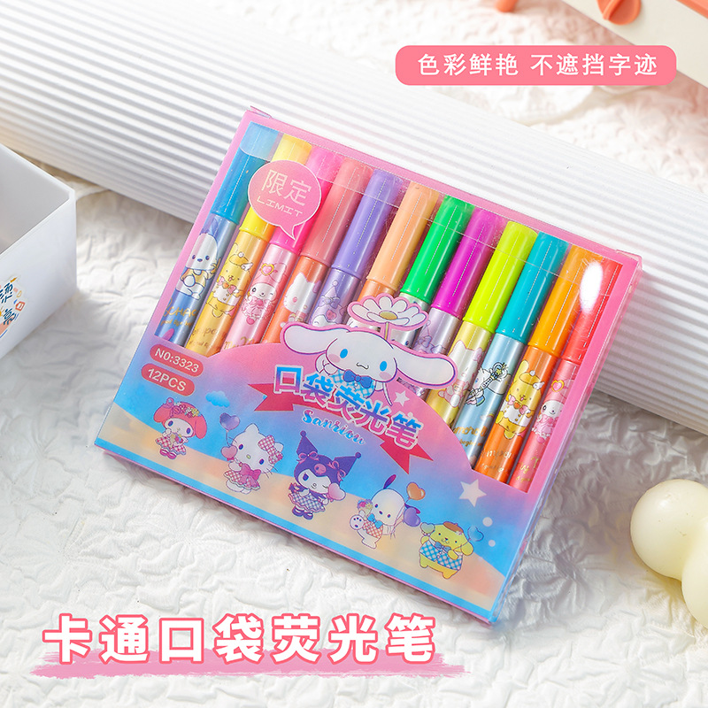 12 colores de dibujos animados bolsillo de resaltos lindos de alto valor de color protector de ojos color bolígrafo de cuentas de mano de los estudiantes marcadores clave