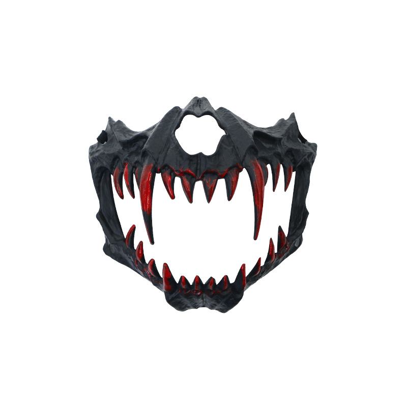 fiesta máscara de esqueleto dientes largos demonio esqueleto mitad cara máscara de lobo detrás máscara gigante disfraz de Halloween
