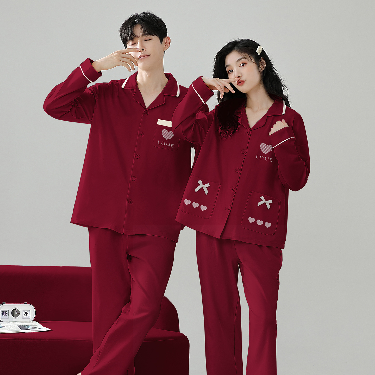 Sweet Cardigan Red Zodiac Year Spring and Autum Pajamas Women's Pure Cotton Long-Sleeved Wedding Home Clothes Set Can Be Worn Outside
