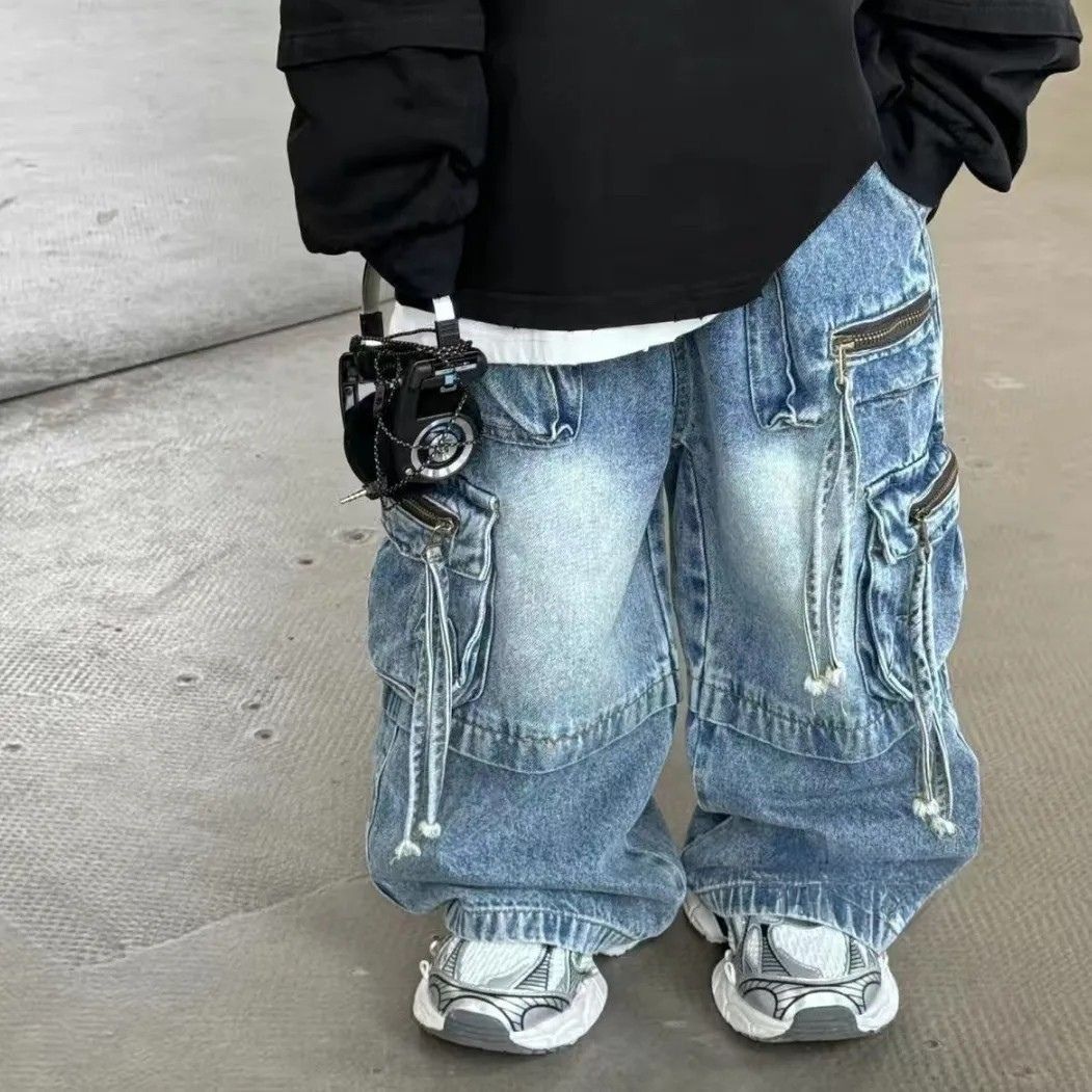 儿童新款牛仔直筒长裤2025工装裤炸街宽松百搭街舞直筒牛仔裤韩版