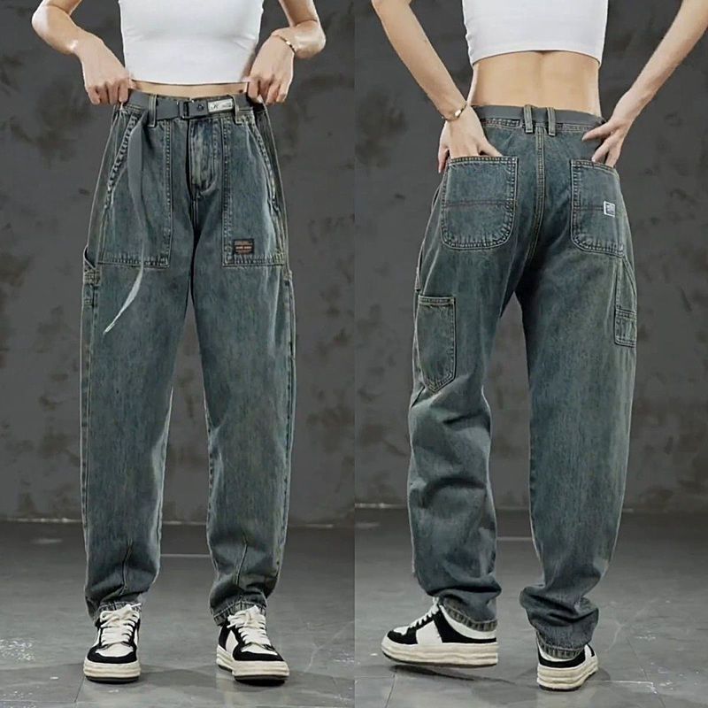 boy Men's Autumn Winter American Retro Hot-Selling Cargo Jeans Trendy New Pocket Casual Loose Long Pants_viptrois.com