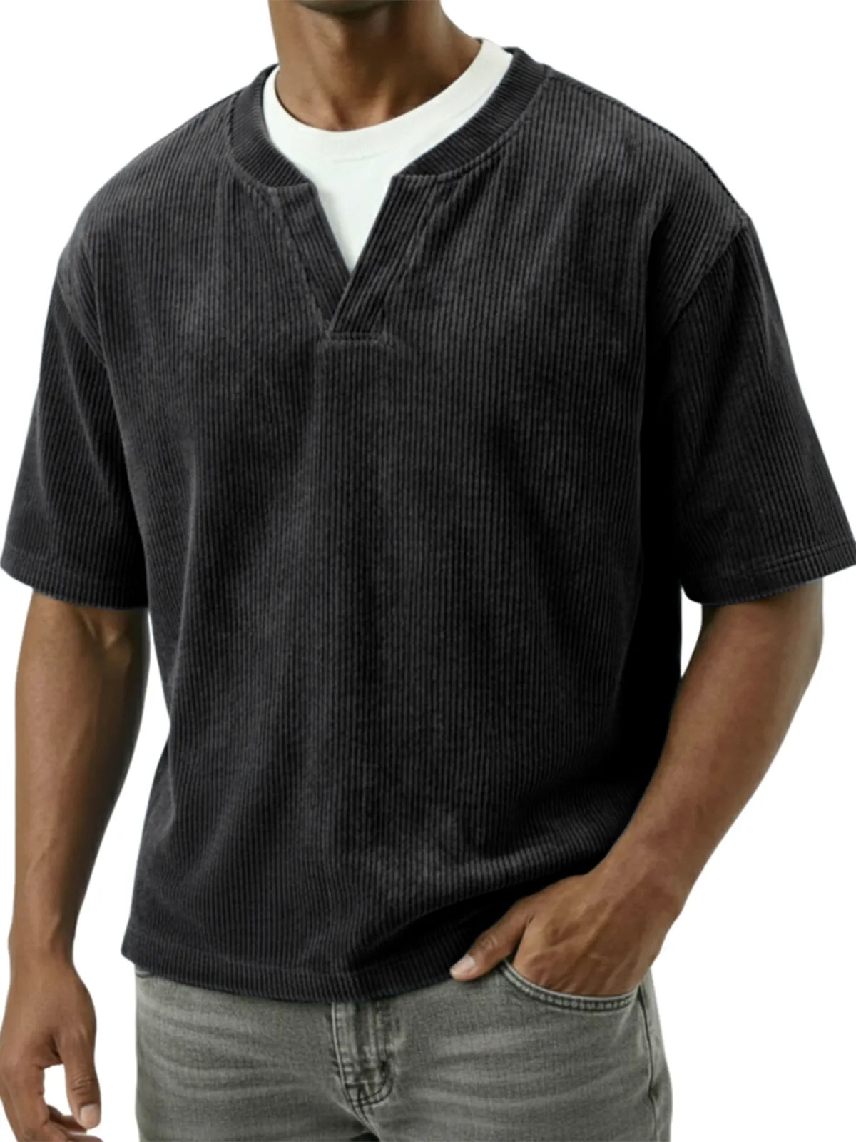 T-shirt uomo casual in velluto a coste con doppio collo_voghion.com