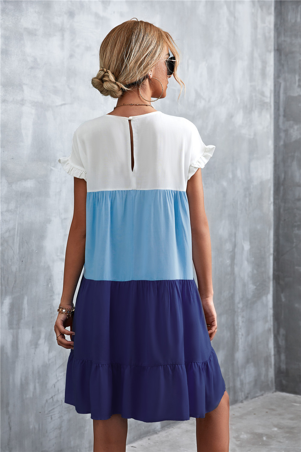 Women's Tiered Skirt Fashion Round Neck Patchwork Ruffles Short Sleeve Color Block Above Knee Daily display picture 7