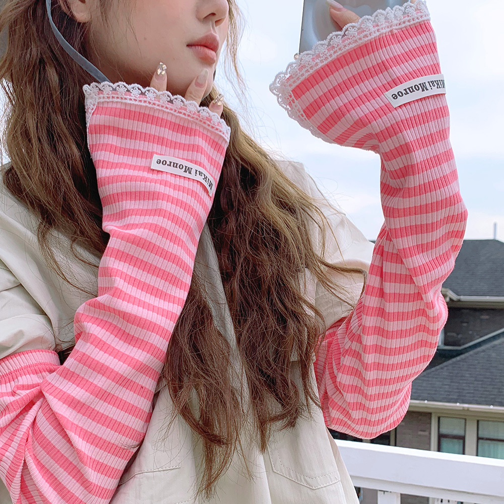 條紋拼色蕾絲開叉袖套棉質寬鬆女夏季戶外防曬高顏值甜美冰袖手袖