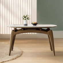 北欧简约实木可伸缩岩板餐桌轻奢全托圆形餐桌小户型折叠岩板餐桌