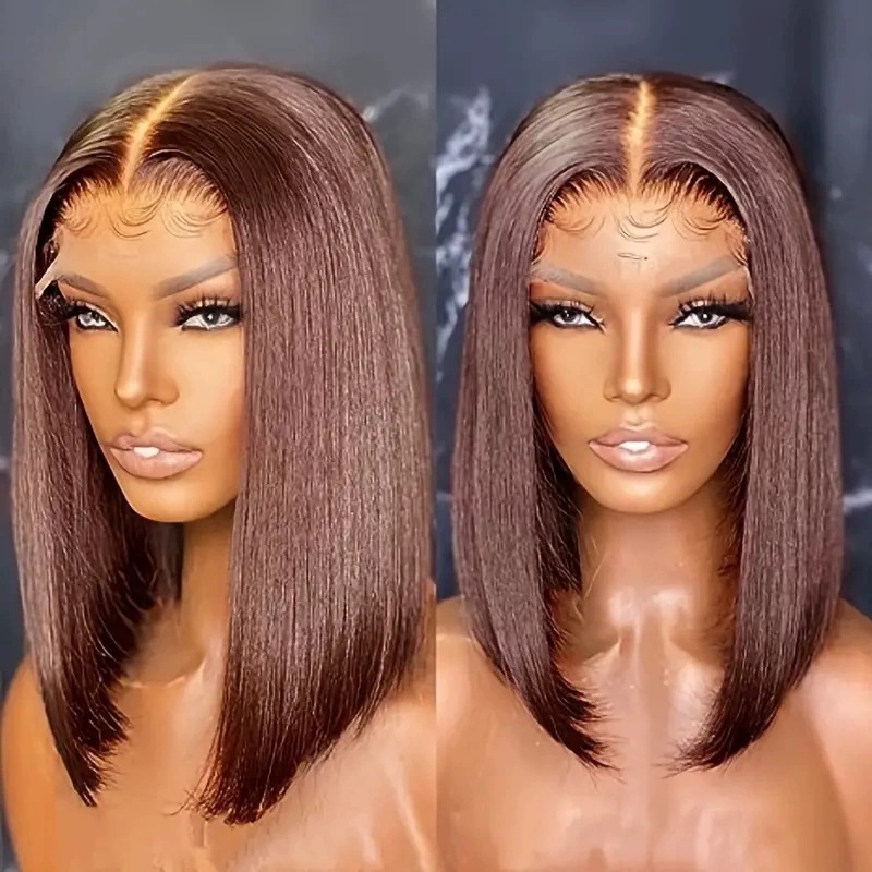 Parrucca sintetica premium corta con riga centrale dall'aspetto naturale, morbida parrucca castana per l'eleganza quotidiana e la versatilità nello styling_voghion.com