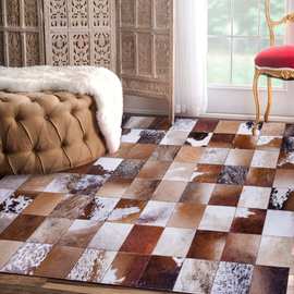 北欧巴西书房书桌客厅牛皮拼接棕色大地毯设计师选几何纹手工织造
