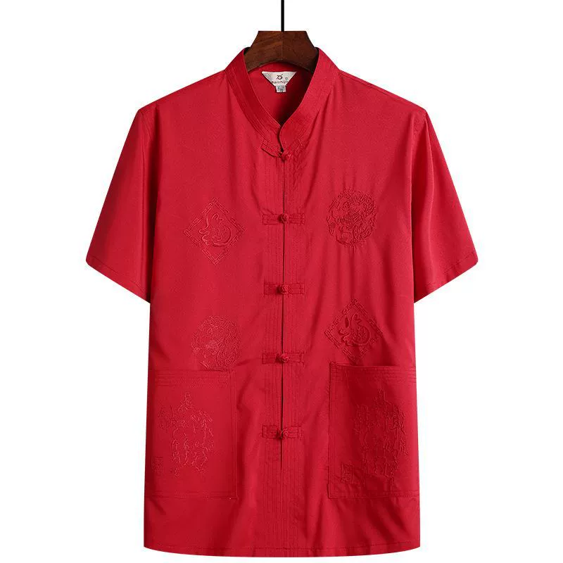 Summer retro silk thin set for boys for elderly, Chinese style, with short sleeve, with embroidery