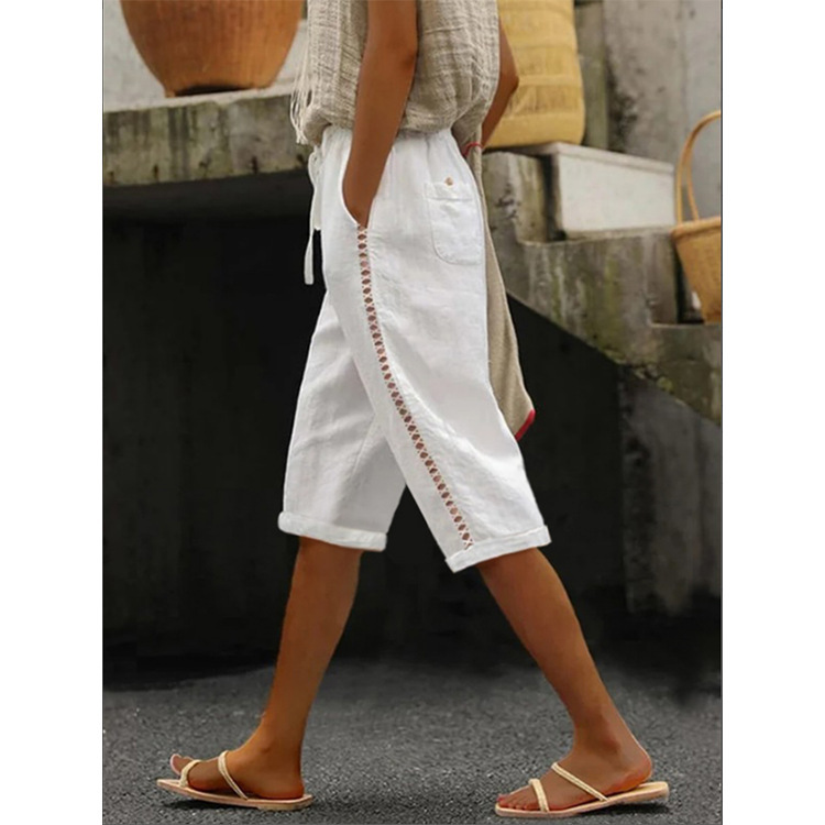 Amazon 2025 New Summer Fashion Woven Cotton and Linen Side Lace Cut Out Casual Trousers