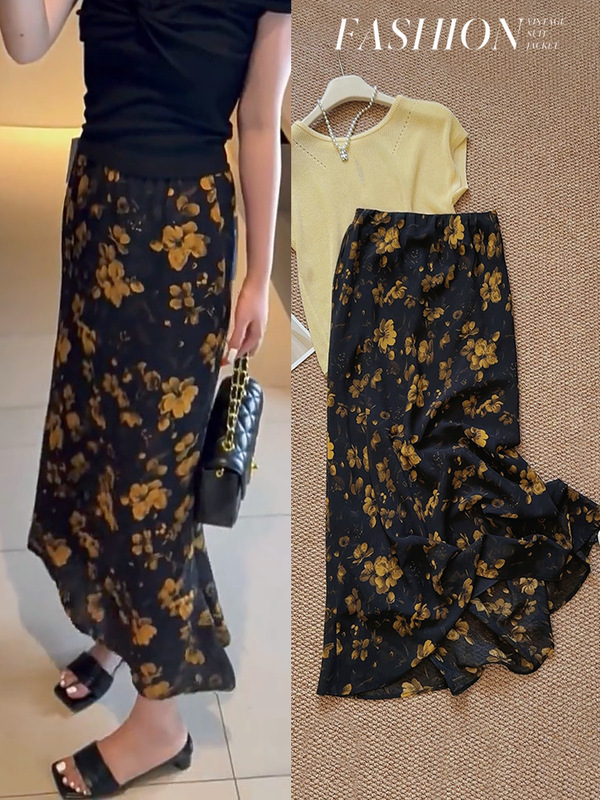 新しいレトロ花柄痩身ヒップフィッシュテールスカートシフォン花柄スカート気質スカート香港スタイルスリムロングスカート|undefined