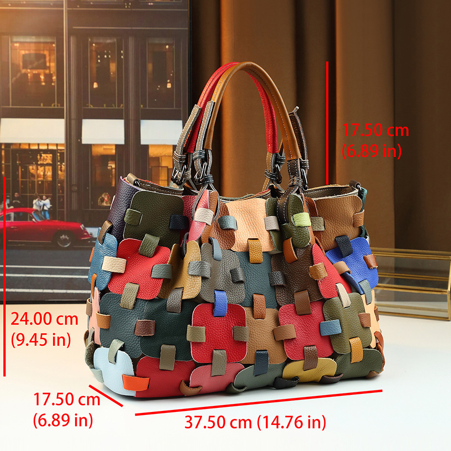 New High-End Women's Handbag Woven Leather Patchwork Large Capacity Shoulder Crossbody Bag Colorful Stylish_voghion.com