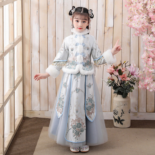 Girls Blue Red Chinese hanfu winter Chinese ancient folk costume Princess Dress Tang suit children fairy New Year greetings baby outfit in the New Year