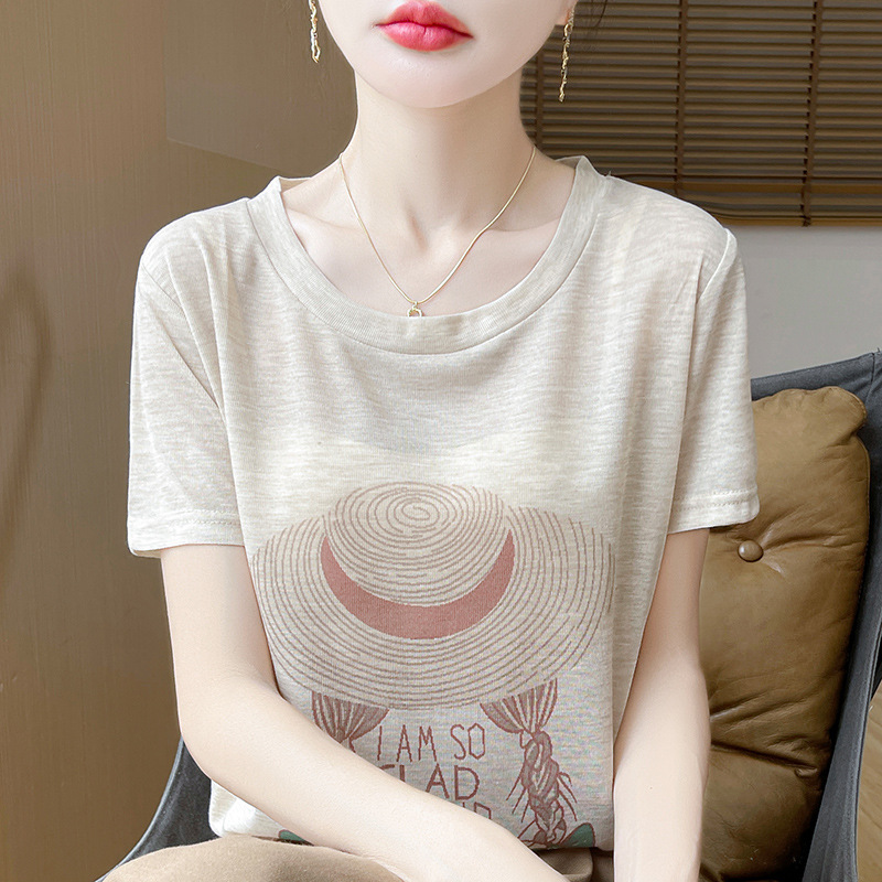 夏の新リヨセル半袖 Tシャツ女性のルーズスリムラウンドネックプリント麦わら帽子女の子テンセル Tシャツ|undefined