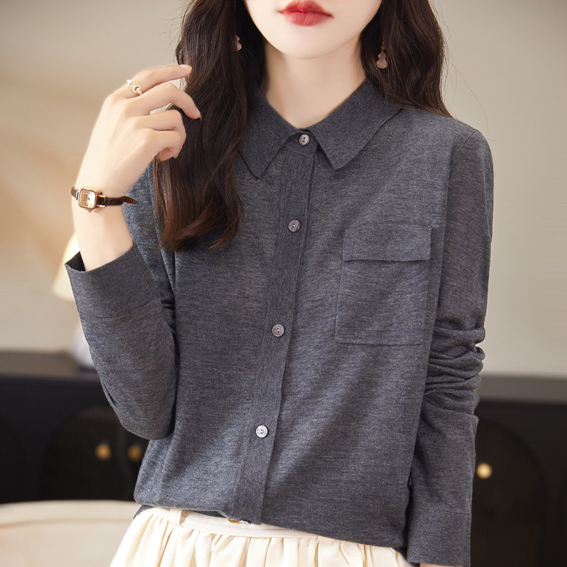 Spring and Summer New High-Count Worsted Wool Knitwear Women's Lapel Cardigan Bottoming Polo Collar Knitwear Long-Sleeved Elegant Top Spring and Summer New High-Count Worsted Wool Knitwear Women's Lapel Cardigan Bottoming Polo Collar Knitwear Long-Sleeved Elegant Top