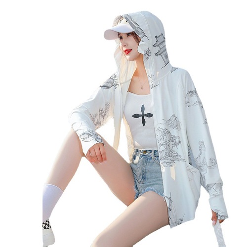 Summer new style printed national style ice silk women's anti-UV long-sleeved ultra-thin jacket hooded breathable sun protection clothing