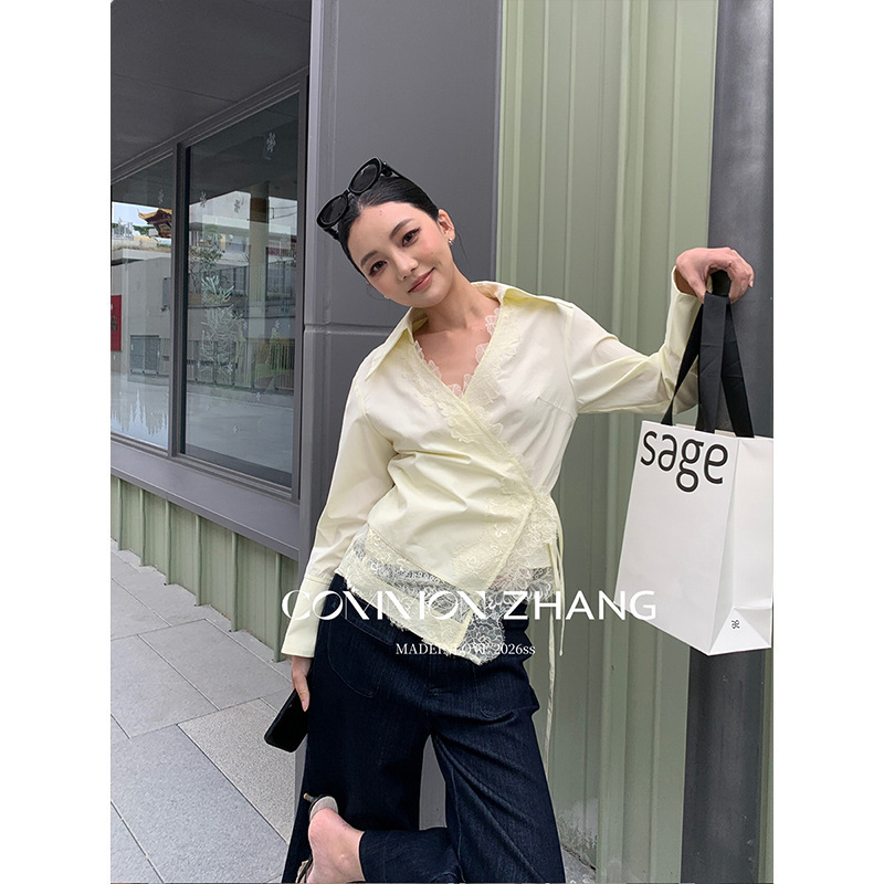 Youji Cz Zhang Spring French-Style Sweet Lace Patchwork Shirt for Women One-Piece Lace Blouse C13793
