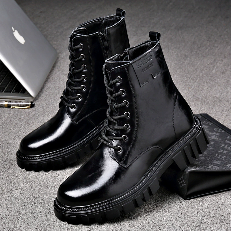 На головном слое воловья кожа высокая трубка Martin сапоги дикие боковые молнии сапоги модные повседневные шерстяные теплые мужские сапоги