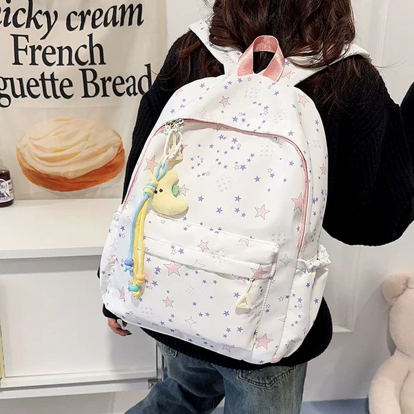 New Simple and Sweet Star-Printed Backpack for Middle and High School Students, Ultra-Light and Weight-Reducing School Bag, Large-Capacity Backpack