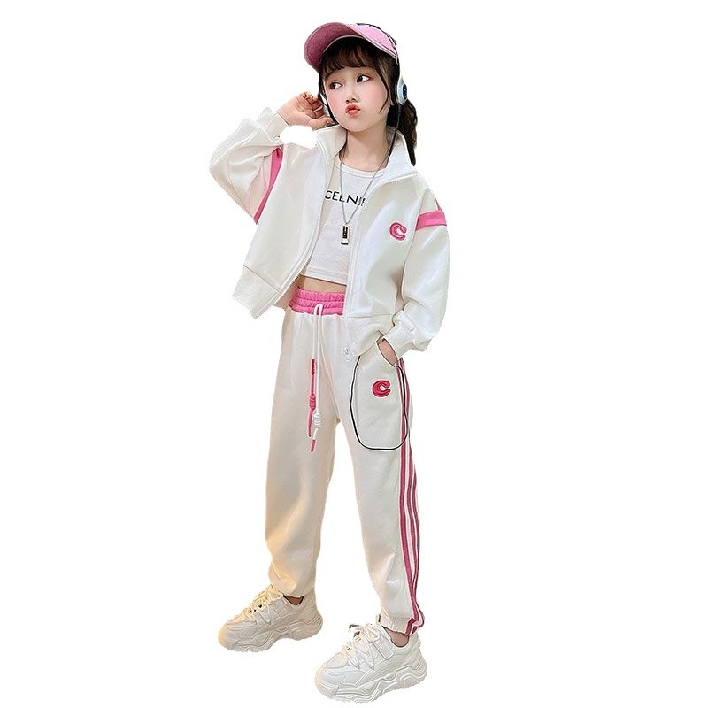 Girls' Auumn Baseball Sui Se 2023 New Mid o Big Kids Fashion Long Sleeve Coa Sraigh Tube Pans Two Piece_voghion.com