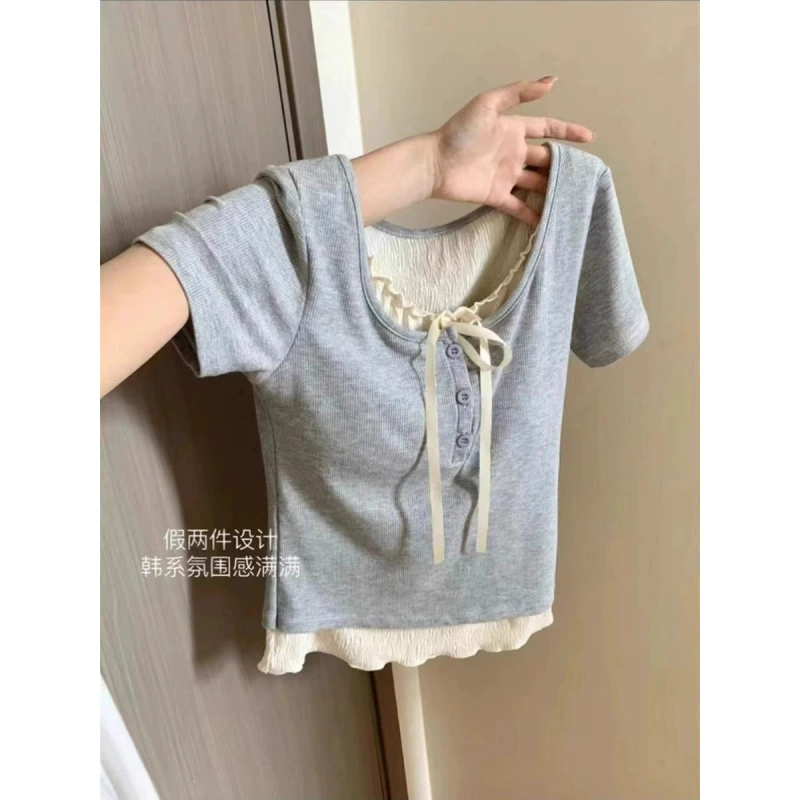 Женская футболка из двух частей с короткими рукавами и кружевом, лето 2025, внутренняя одежда, высококачественный сексуальный топ для похудения, топ Ins