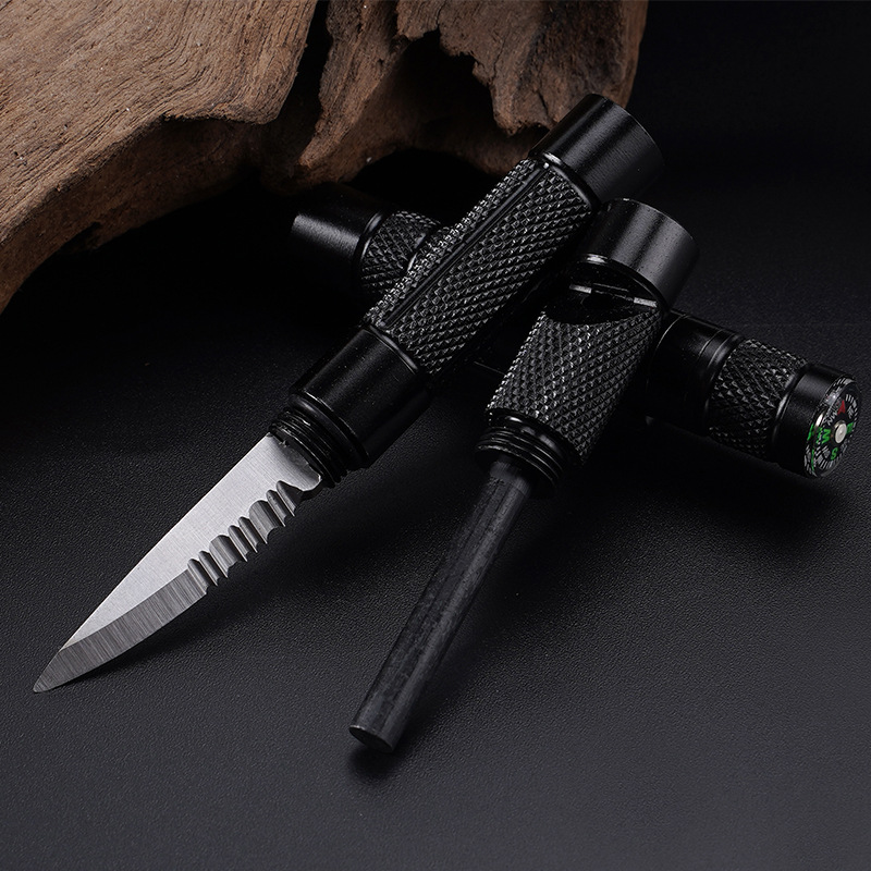 Bolígrafo táctico multifuncional para ventanas rotas de acero de tungsteno para exteriores Herramienta de supervivencia de varilla de fuego multifuncional Brújula de campamento Bolígrafo de autodefensa