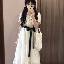 波点蝴蝶结连衣裙夏季法式复古可爱少女蓬蓬裙小个子文艺甜美长裙