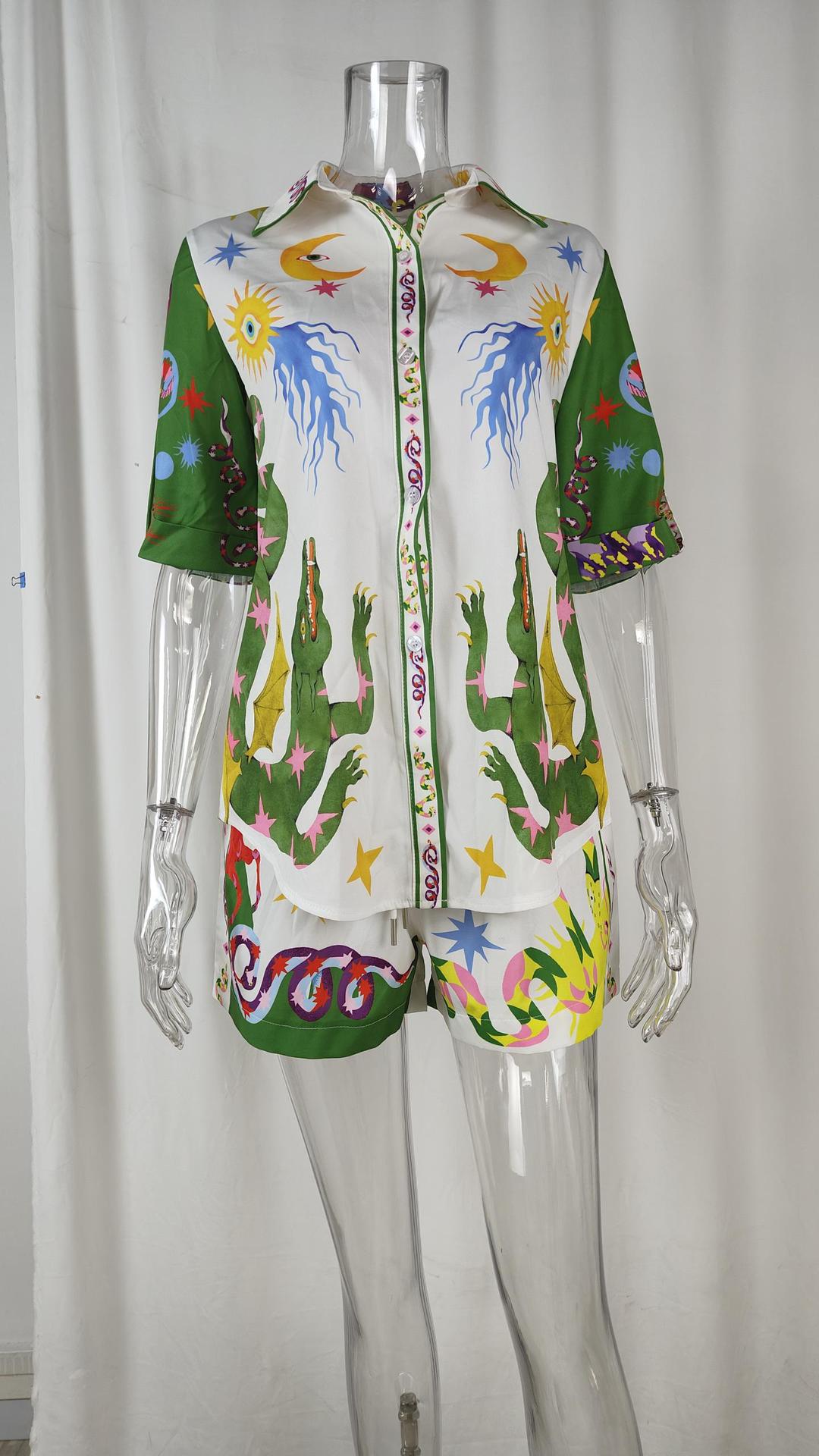 2026 New Spring Women's Clothing European American Fashion Outfit Loose Printed Short-Sleeve Cardigan And Shorts Set_ecoleips.com
