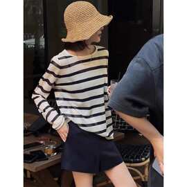 韩系黑白条纹长袖防晒t恤空调衫女夏季吊带外搭慵懒风罩衫上衣薄