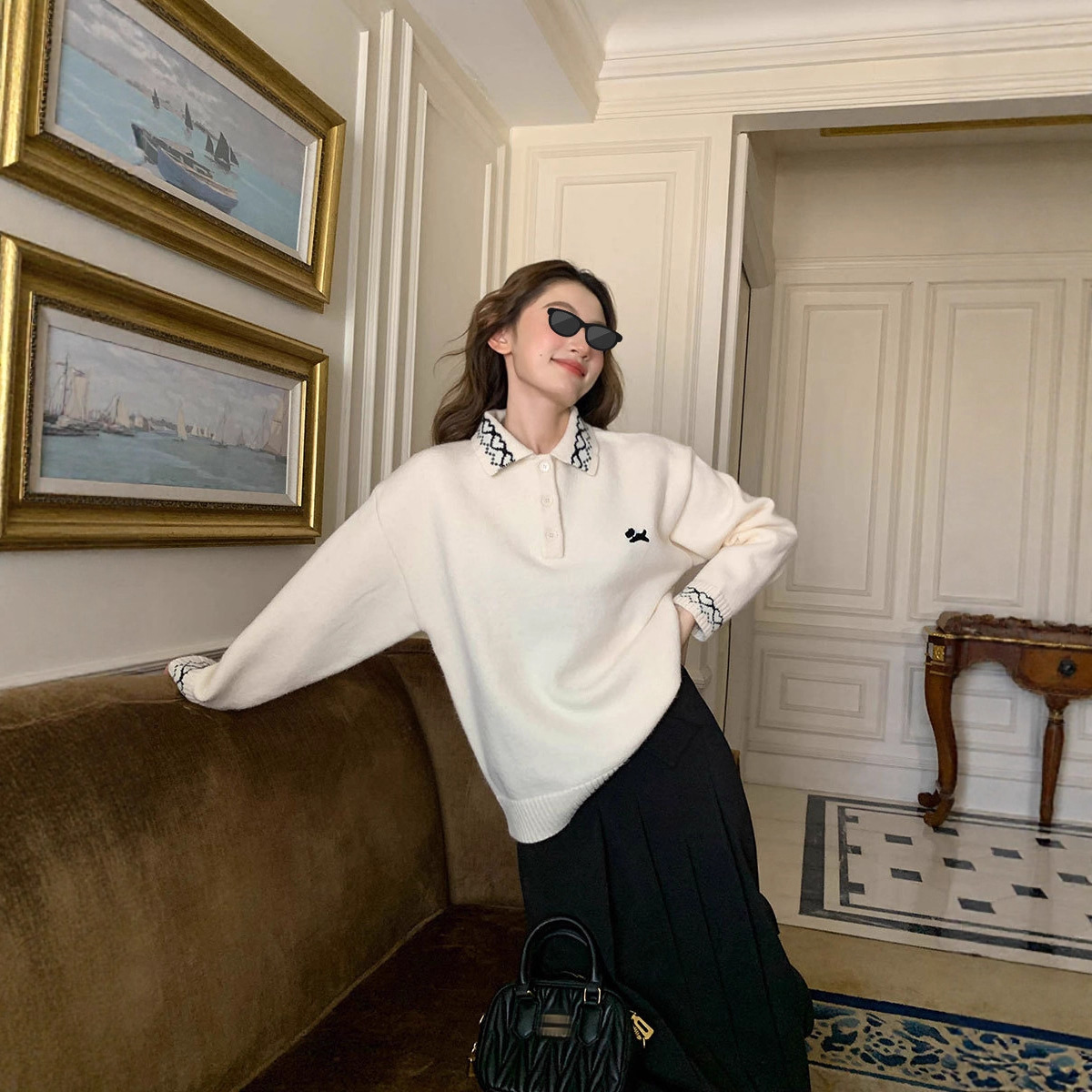 你好卡农 爱心提花小狗刺绣毛衣女春秋2025新款宽松显瘦针织上衣