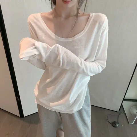[Pure Cotton Slub Cotton] Simple Low Collar Base Shirt Women's Spring and Autumn Loose Korean Long Sleeve T-Shirt Casual Top Ins