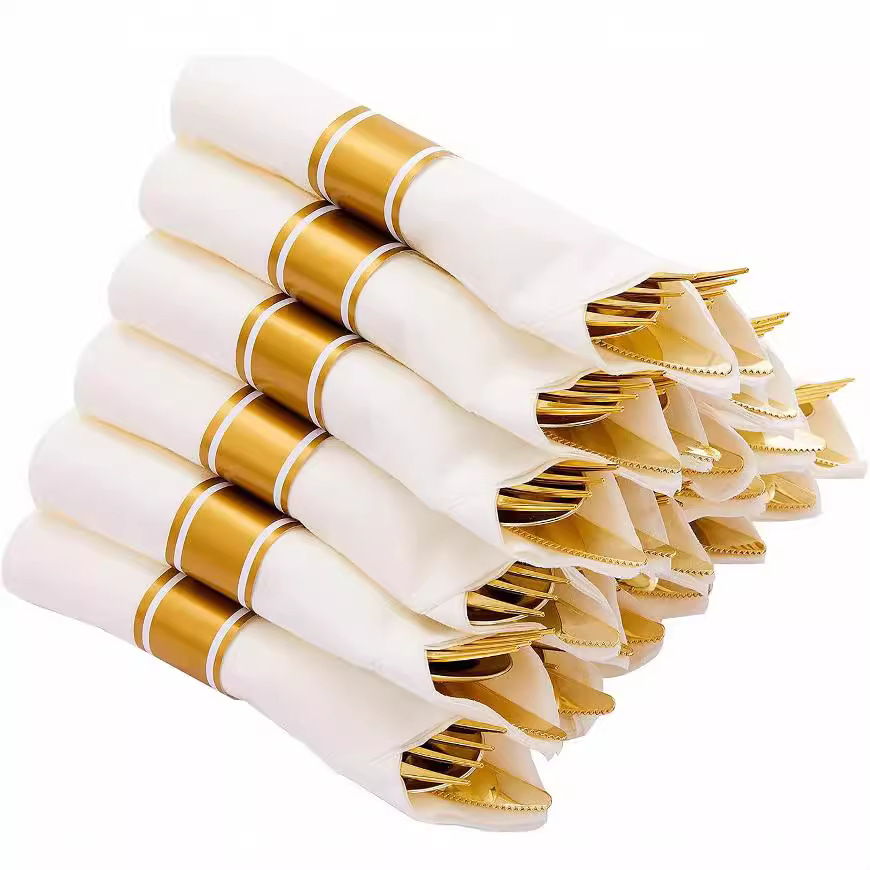 Cuchillo de plástico desechable chapado en oro, tenedor y cuchara para cuchillo de plástico, tenedor y cuchara de restaurante occidental