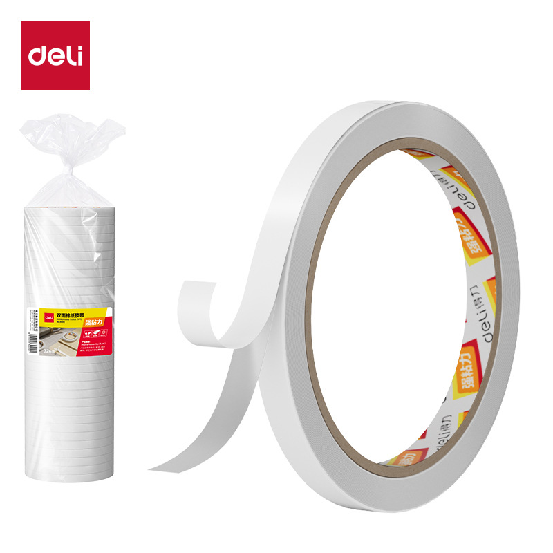 得力30400棉纸双面胶带9mm*10y*80um(白)(32卷/袋)纸胶文具批发