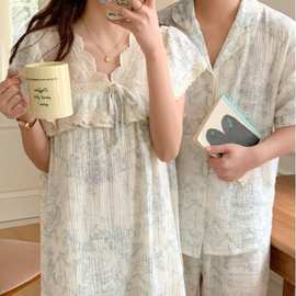 跨境专供外贸女夏季情侣装外穿休闲宽松女款水墨画韩国男士家居服