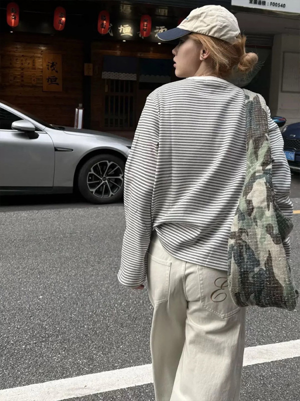 美式复古条纹亨利领长袖T恤男款通勤基础内搭打底衫白色正肩上衣|undefined