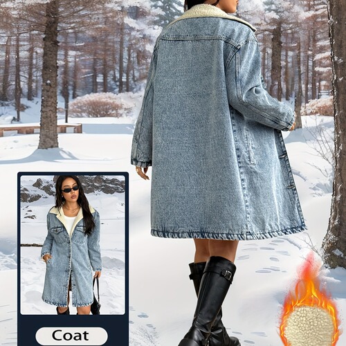 New Elegant Women's Casual Stylish Long Sleeve Washed Cotton Coat with Fleece Retro Denim Jacket for Women Blue Other