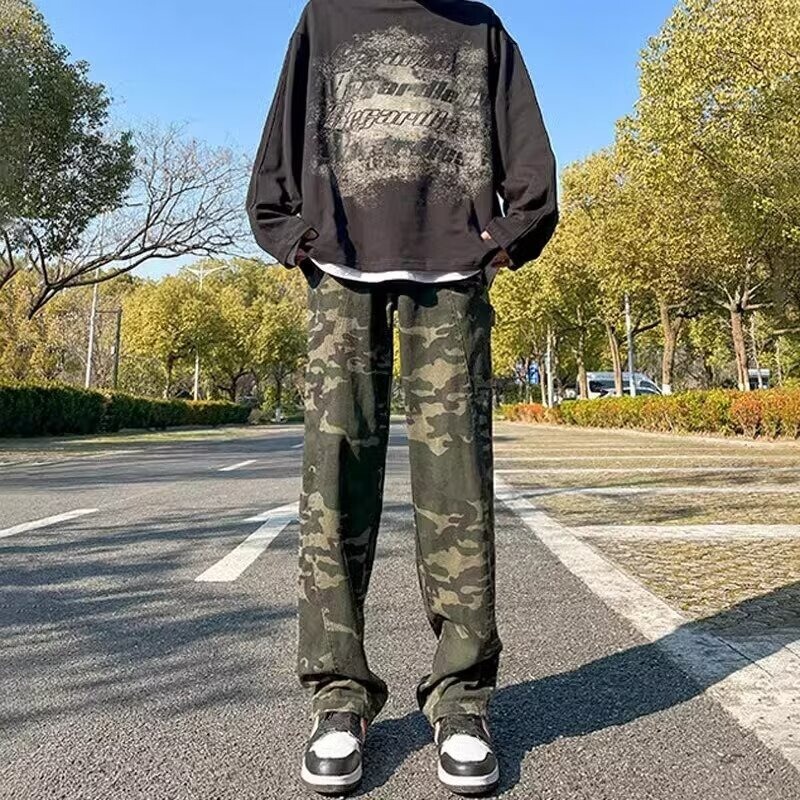 American-style vibe camouflage pants men's spring and autumn high street retro logging pants ootd wear overalls jeans
