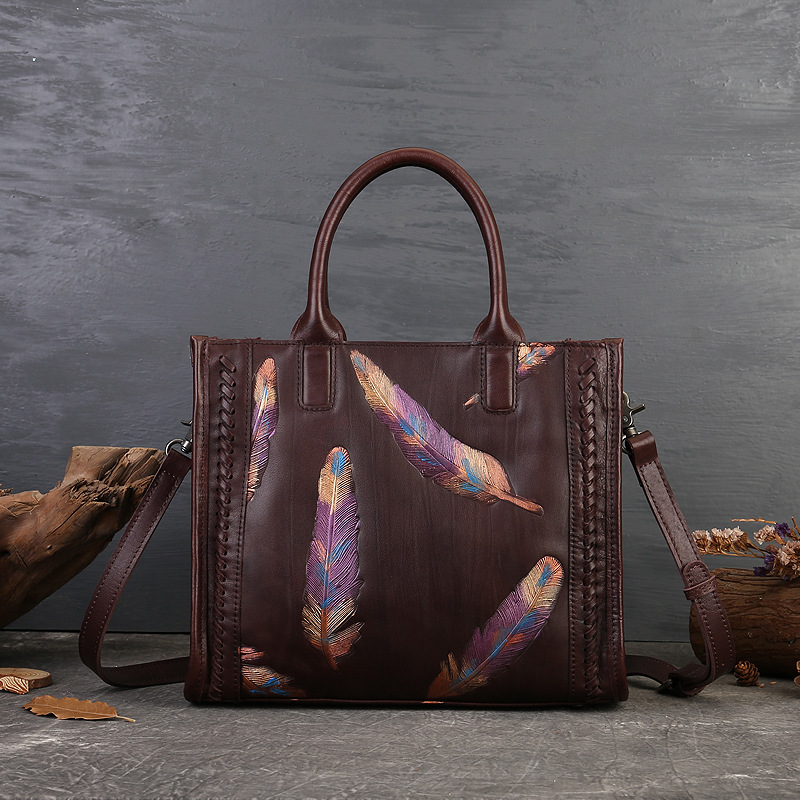 Genuine Leather Women's Handbag Top Grain Cowhide Vintage Small Square Bag Feather Embossed Tote Shoulder Bag - Thumbnail 6