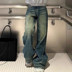 水洗做旧阔腿牛仔裤女春秋新款低腰宽松遮肉显瘦百搭直筒拖地裤子