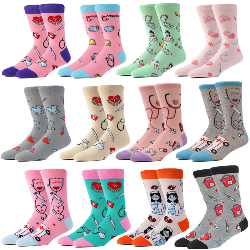 Cross-Border European and American Foreign Trade Fashion Women's Socks International Nurses Day Stethoscope Jacquard Mixed Color Amazon Mid-Calf Socks Cross-Border European and American Foreign Trade Fashion Women's Socks International Nurses Day Stethoscope Jacquard Mixed Color Amazon Mid-Calf Socks
