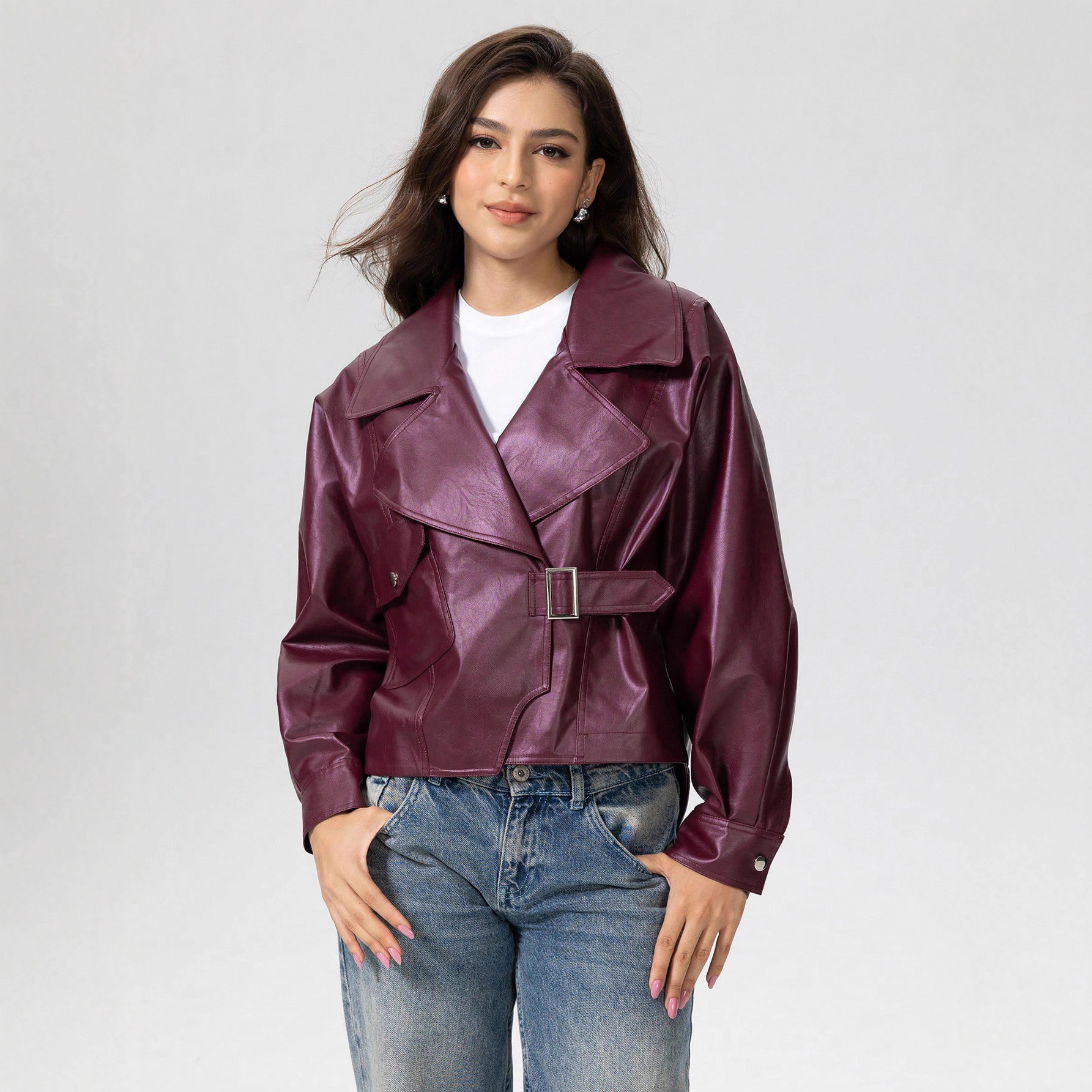 New Burgundy Large Lapel Pu Leather Jacket for Women, Metal Buckle Waist Motorcycle Style Short Leather Jacket Wholesale