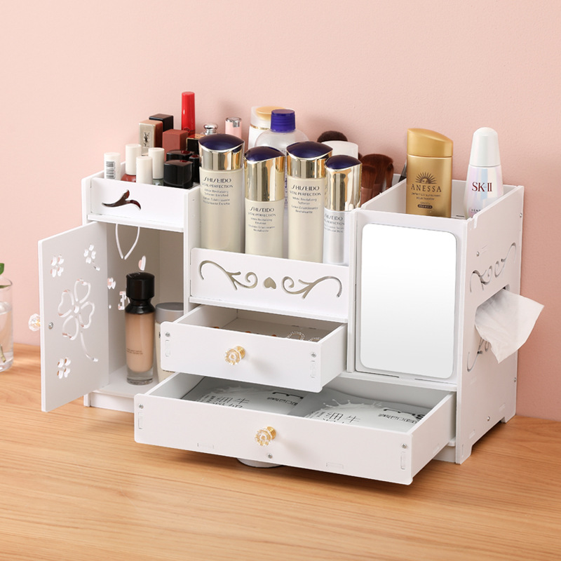 Desktop cosmetics storage box large capacity household multi-functional skin care shelf with mirror cosmetic box wholesale