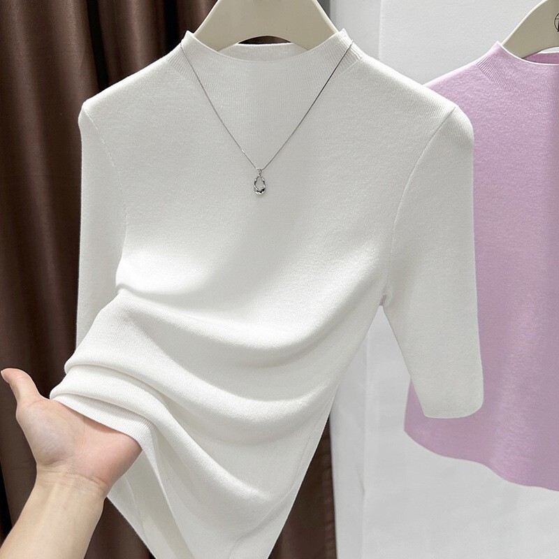 Spring New Style Half-High Collar Design Mid-Sleeve Top, Fashionable and Elegant Slim-Fit Sweater, Base Knitwear for Women Spring New Style Half-High Collar Design Mid-Sleeve Top, Fashionable and Elegant Slim-Fit Sweater, Base Knitwear for Women